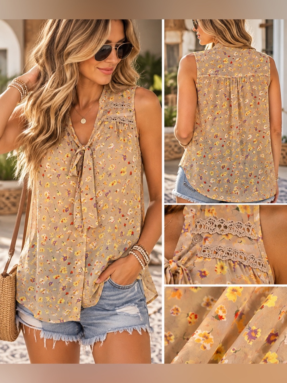 🌼 Bobeau Floral Crochet Lace Sleeveless Blouse – Size Small